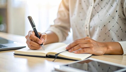 A person's hands are writing in a notebook with a fountain pen, a laptop & tablet nearby on a light wooden desk, bathed in soft, natural light
