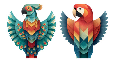 Fototapeta premium Colorful Illustrations of Stylized Parrots with Geometric Shapes