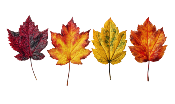 Four autumn leaves in varying shades of red, orange, and yellow against a black background - Powered by Adobe