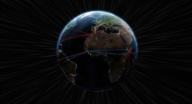 Global connectivity: intercontinental communication lines on rotating earth digital art