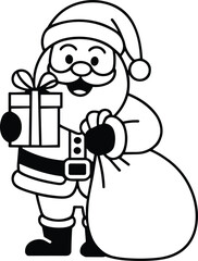 Christmas Line Art Vector of Santa with Gift and Bag for Holiday Designs