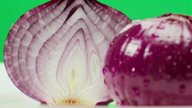 Fresh Red Onion Halved Revealing Layers, Wet with Water Droplets on a Bright Green Background