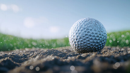 A close-up of a golf ball resting in sand, with green grass in the background and a clear blue sky, showcasing the details of the ball's surface.