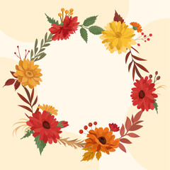 Autumn flowers and plants wreath Cozy fall floral circular frame