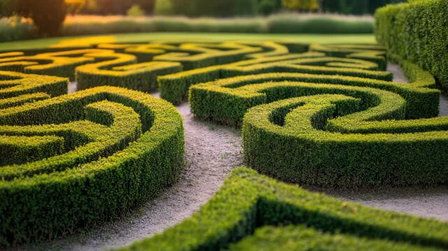 Meticulously maintained hedge maze with sunlight casting warm glow over greenery
