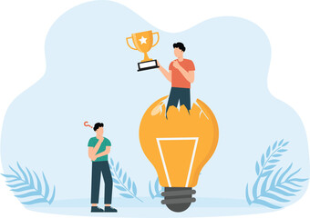 Leadership Idea for business success, Businessmen standing holding a winner trophy concept,

