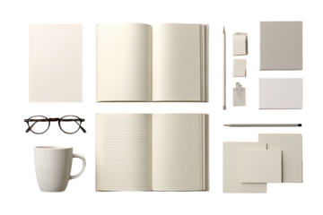 Flat lay of various blank notebooks, papers, and stationery items