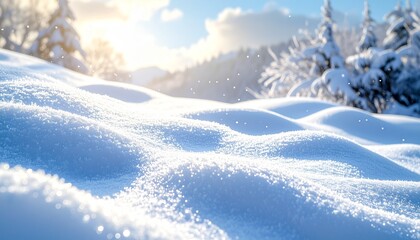Obraz premium 太陽が降り注ぐ、フワフワの雪景色Generated image
