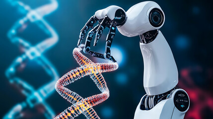 Robot Analyzing a DNA Strand in a Futuristic Setting