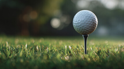 A close-up of a golf ball on a tee, set against a blurred grassy background, highlighting the anticipation of the next swing.