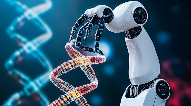Robot Analyzing a DNA Strand in a Futuristic Setting