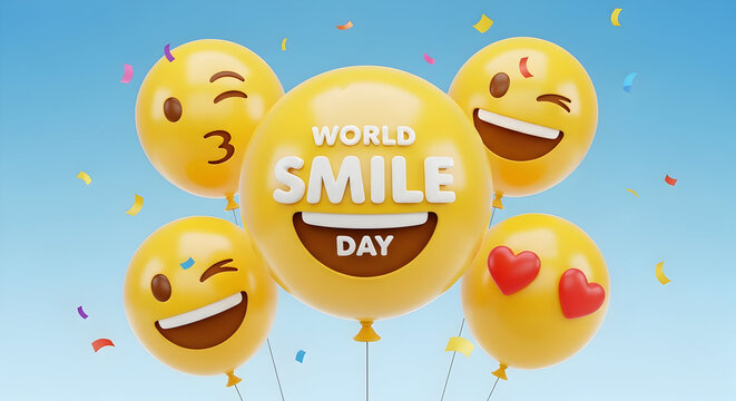 A cheerful graphic of yellow emoji balloons to celebrate "World Smile Day." Confetti floats around the balloons, set against a light blue backdrop.

