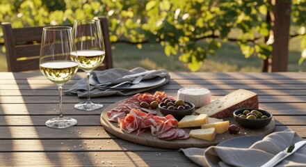 Outdoor cheese and wine tasting with meat and olives on wooden table in vineyard setting