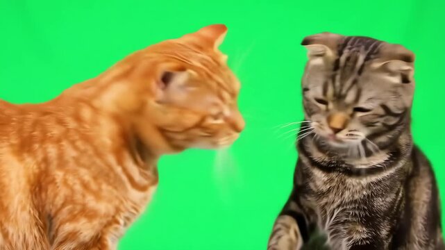 An aggressive ginger cat starts a fight by hitting a grey tabby cat on a green screen background