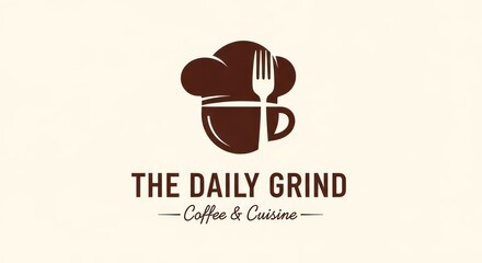 The Daily Grind Logo: Coffee Cup, Chef Hat, Fork, Cuisine Concept.