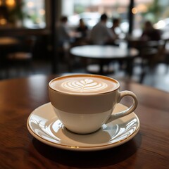 Artisan latte with heart-shaped foam art in a white ceramic cup on saucer in cozy coffee shop with blurred patrons