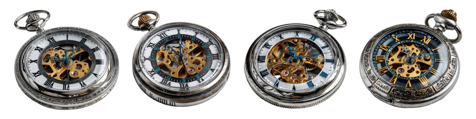 PNG set Vintage Skeleton Pocket Watch Collection Isolated on Transparent backround