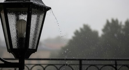 Street lamp and fence in rainy weather with blurred trees in background