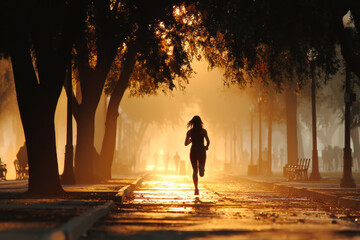 Fototapeta premium Person jogging on tree lined path during sunrise with golden light illuminating scene, creating peaceful and energetic morning atmosphere in park