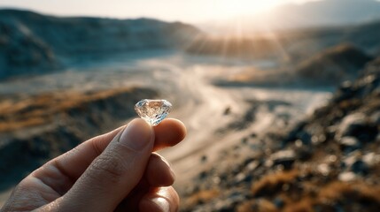 person's hand holds  sparkling cut diamond in  foreground against  backdrop of  sunlit arid landscape with mountains in  distance
