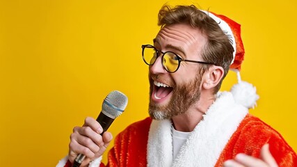 Enthusiastic performer in vibrant red costume passionately singing into microphone against bright yellow backdrop, showcasing dynamic expression and engaging audience with lively energy and joyful spi