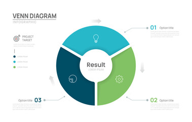 Venn diagram business infographic chart template 3 steps options, presentation with venn diagram elements vector illustration.