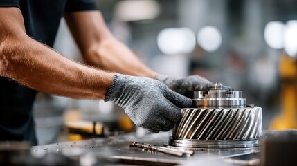 Skilled hands in protective gloves carefully manipulating  complex metal gear assembly with detailed teeth