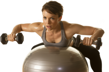 Fit woman in her late 20s performing dumbbell rows on a stability ball for strength training transparent background