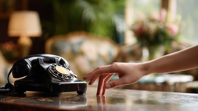 woman's hand reaching towards vintage black rotary telephone on polished tabletop with blurred background of elegant interior decor