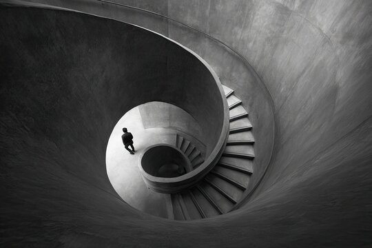 Spiral staircase, architectural, grayscale. A solitary figure stands at the center of a sweeping, concrete spiral staircase. The image is a black and white perspective shot from above
