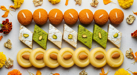 Delicious Indian Asian food assortment colorful sweets for festive celebrations