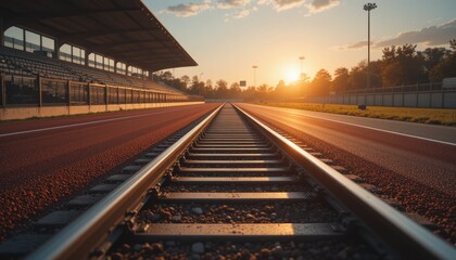 Fototapeta premium Golden Hour's Silent Race: Train Tracks Alongside an Empty Stadium