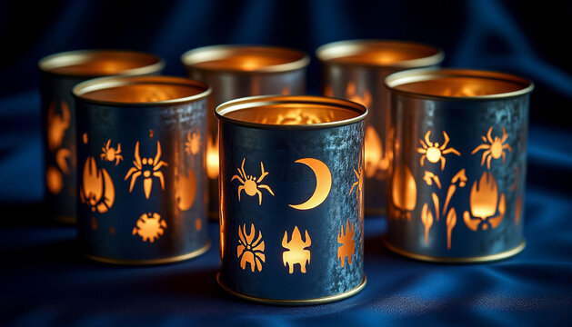 Halloween Tin Can Candlesticks with Spider and Moon Patterns