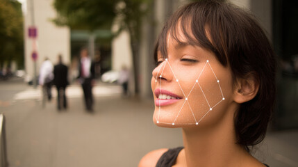 Facial recognition technology maps body and language of female smiling and nodding with closed eyes in outdoor urban setting
