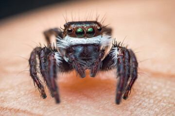 Jumping spider walking on human skin showing large eyes and fangs
