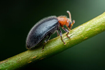 Soft-winged flower beetle crawling on green stem