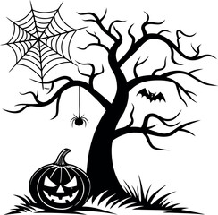 Spooky halloween tree with spiderweb bat and jack-o'-lantern scene for festive decorations vector