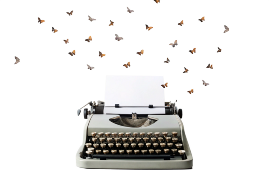 Vintage typewriter with floating letters turning into butterflies, isolated minimal white background