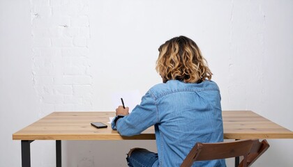 Person sits at a desk writing on paper, back facing viewer. The backdrop is a white brick wall. A phone is next to the paper