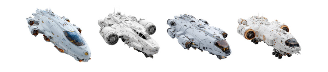 PNG set Futuristic spaceship collection with detailed sci-fi design and warm engine glow Isolated on Transparent backround