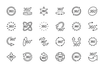 360 degrees black icon collection. 360 degrees views symbol. Rotating arrow sign. Different modern style forms. Editable stroke. Flat design. Vector illustration. Isolated on a white background.
