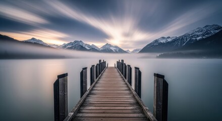 Serene wooden pier over misty lake with snow-capped mountains at dawn