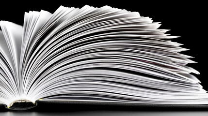 Naklejka premium Open book with many white pages fanned out against black background, creating dynamic and abstract editorial feeling with clean, crisp paper texture and curved lines