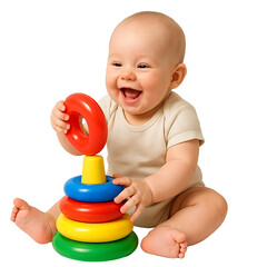 Happy Baby Playing With Colorful Stacking Rings Toy on transparent Background