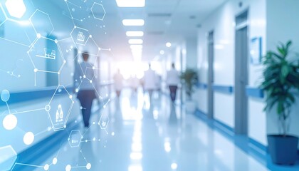 Bright, blurred hospital corridor with abstract digital overlay featuring medical icons. Clean, modern aesthetic with people walking and plant