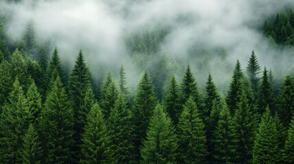 Fototapeta premium Dense pine forest shrouded in mist, creating serene and tranquil atmosphere