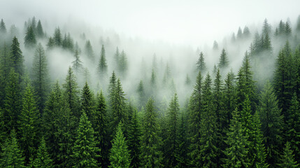 Lush green pine trees surrounded by swirling mist create serene atmosphere in nature