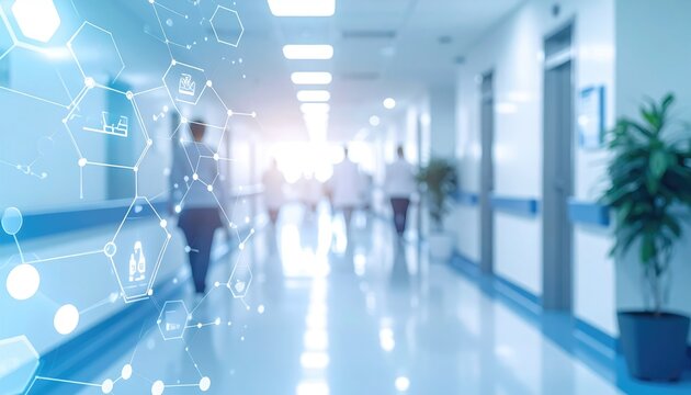 Bright, blurred hospital corridor with abstract digital overlay featuring medical icons. Clean, modern aesthetic with people walking and plant - Powered by Adobe
