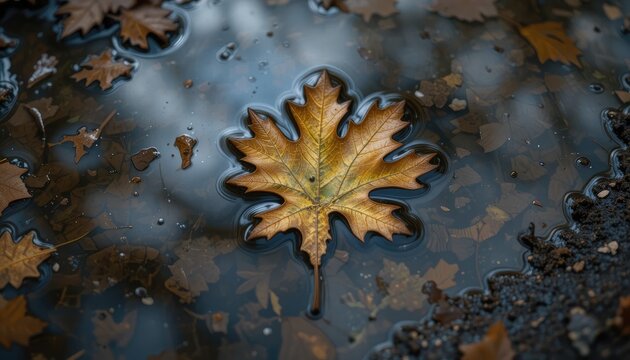 Golden Oak Leaf Floats Serenely on Dark, Reflective Autumn Puddle