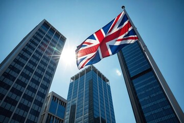 A striking, low-angle shot of the British Union Jack flag waving majestically on a flagpole against a modern architectural building and clear sky.